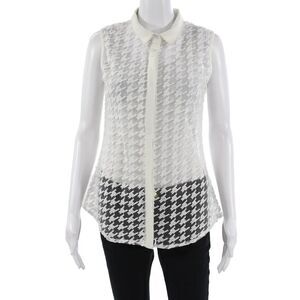 Sweewe Women White Herringbone Collared Sleeveless Button-Up Top Size M